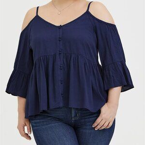 Torrid Womens Textured Rayon Navy Blue Cold Shoulder Top Bell Sleeves Size 1X